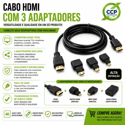 Cabo HDMI 3 em 1 Mini Hdmi+Micro Hdmi Full Hd de 1,5 m
