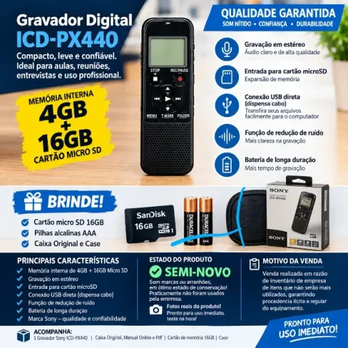 Gravador Digital Sony ICD-PX440 - Semi-Novo (Na Caixa+Case)