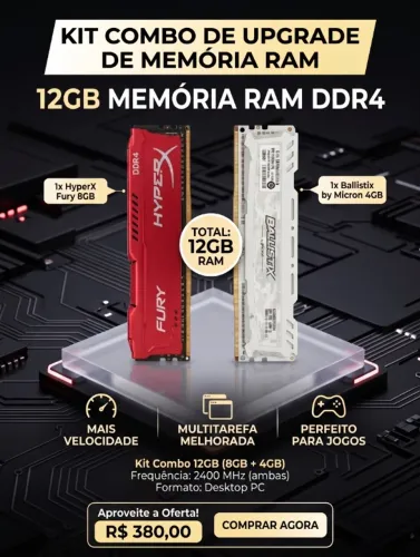 Kit Combo Memória RAM 12GB DDR4 (HyperX 8GB + Ballistix 4GB)