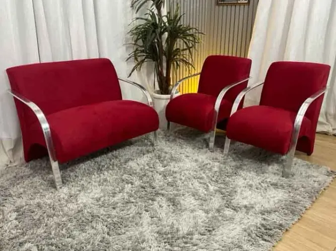 Conjunto de Poltronas 2x1x1 Lugares Vermelho Braço Alumínio