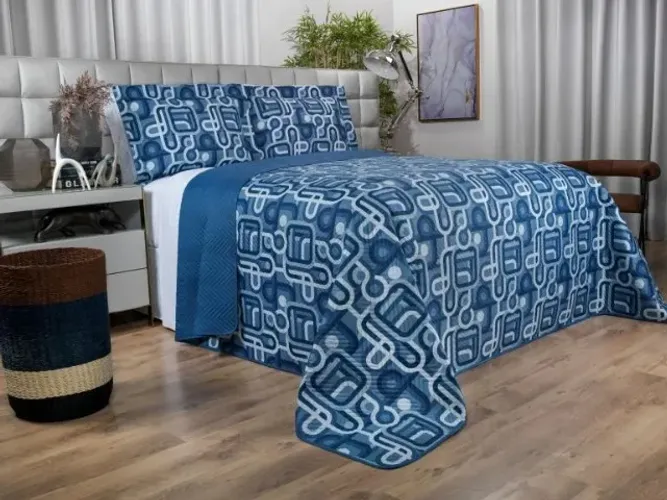 Kit: 1 Cobre-leito Casal Bouti de Microfibra Ultrasonic Estampada + 2 Porta-travesseiros -