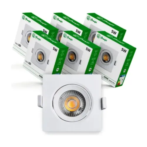 Kit 07 Spots 5w Led Quadrado Embutir Branco Quente 3000k