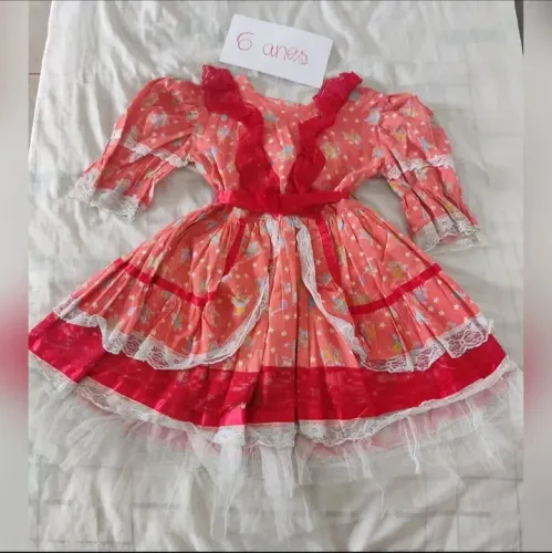 Vestido junino salmão estampado infantil 6 anos 