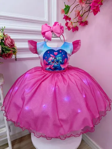 Vestido Infantil Stitch Rosa com Luzes - Festa e Aniversário