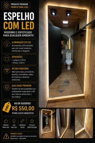 Espelho Grande com LED 1,00x2,00m Moderno e Sofisticado Seminovo