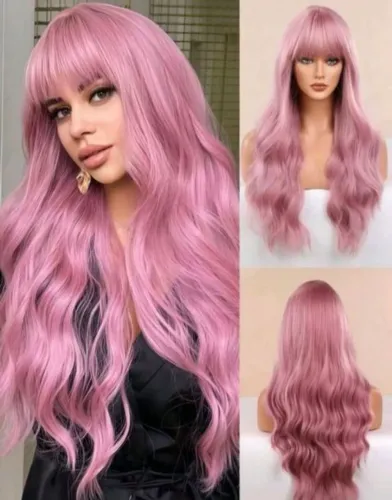 Peruca feminina rosa longa ondulada cosplay