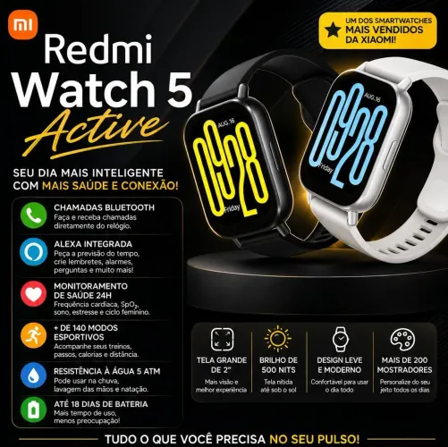 Smartwatch Xiaomi Redmi Watch 5 Active Tela 2" Bluetooth Alexa - Novo, Lacrado