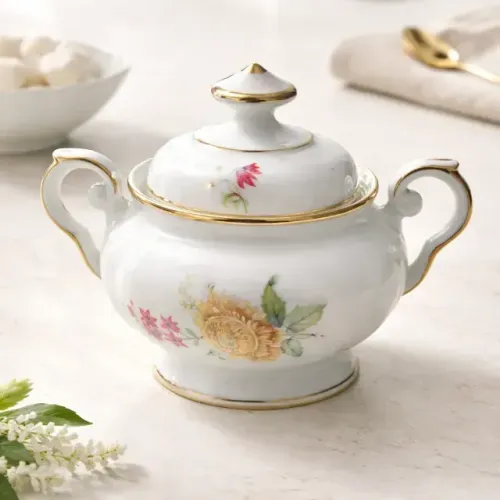 Açucareiro Vintage Porcelana Real São Paulo - Floral E Ouro