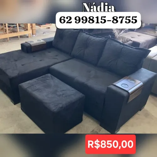 SOFÁ PRETO 3 LUGARES COM CHAISE FIXO