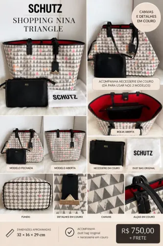 BOLSA SCHUTZ SHOPPING NINA TRIANGLE ORIGINAL EM CANVAS E COURO + NECESSAIRE