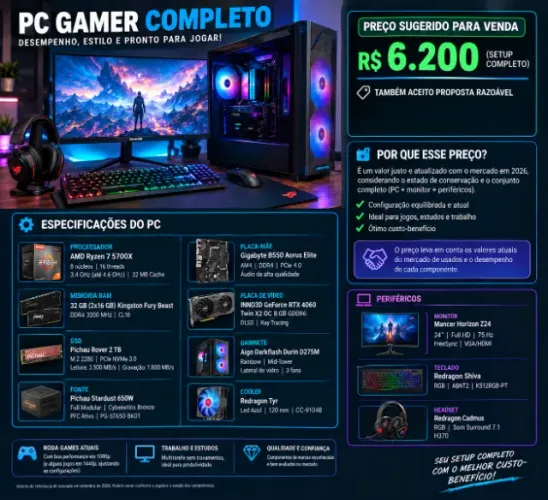 PC Gamer Completo Ryzen 7 5700X + RTX 4060 + 32GB + SSD 2TB + Monitor