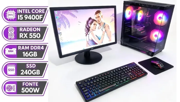 PC Gamer Completo i5 9400F, 16GB DDR4, SSD 240GB, RX 550 4GB, NF e Garantia