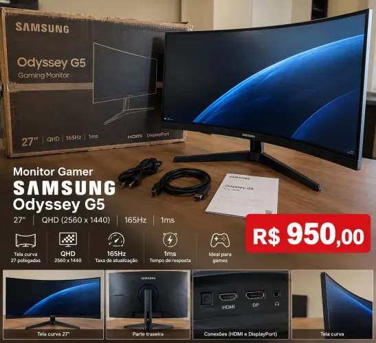 Monitor Gamer Samsung Odyssey G5, 27 , Qhd, 165hz Cor Preto bivolt