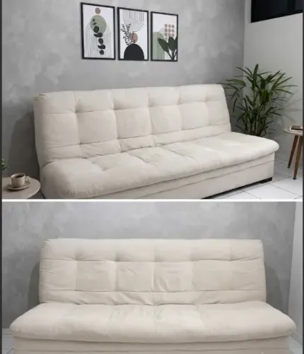 Sofá Cama 3 Lugares Suede cinza claro - Higienizado e Excelente Estado