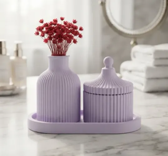 Kit 3 unidades bandeja+porta-joias+vaso em gesso cerâmico violeta