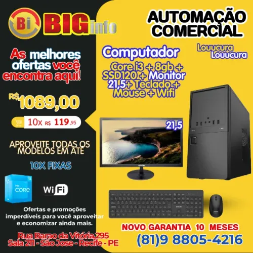 Computador Completo Intel I3 8gb Ssd 120gb Monitor 21,5- Em ate 10x Fixas