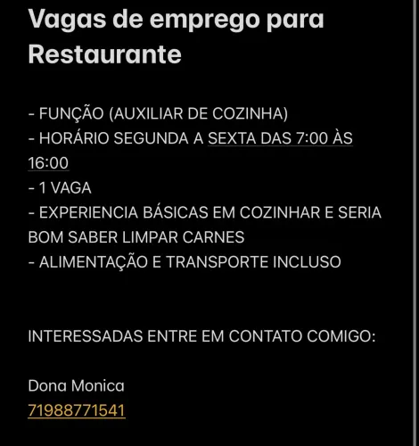 Vagas de auxiliar de cozinha para restaurante