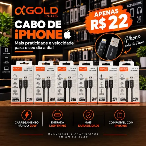 Cabo iPhone Lightning 1 Metro Turbo 20W A'Gold Plus - Novo Lacrado