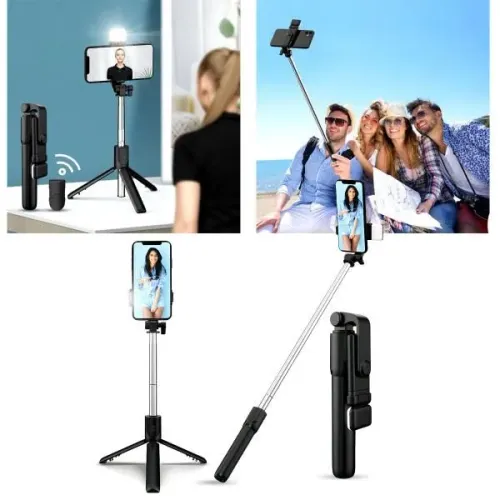 Bastão de Selfie Telescópico Bluetooth, Controle remoto, Suporte de Tripé com Luz