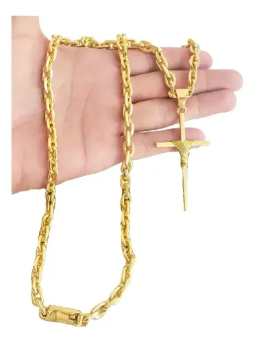 Cordão Cadeado 8mm Banhado a Ouro 18K com Pingente Cruz