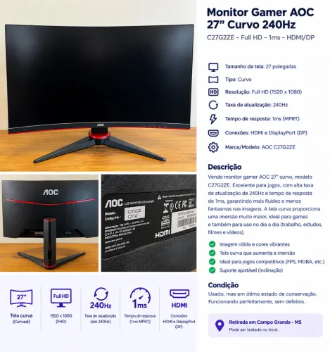 Monitor Gamer AOC 27 polegadas Curvo 240Hz - C27G2ZE