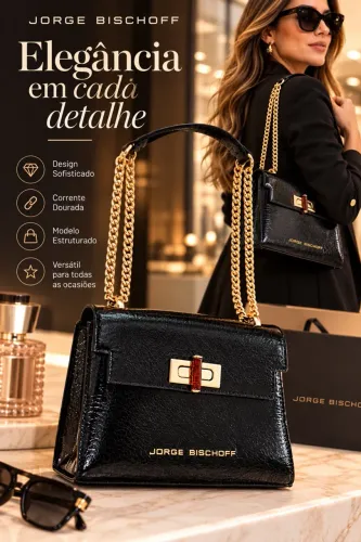 Bolsa Feminina Jorge Bischoff Preta Original com Corrente Dourada - Luxo e Elegância