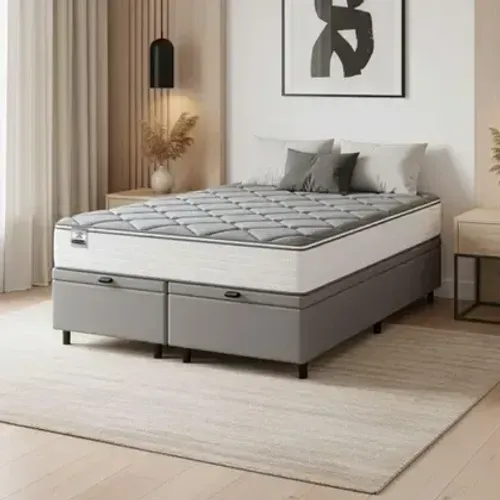 Cama Box Baú King e Colchão Riviera Branco/Cinza