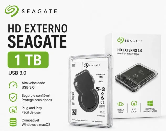 HD Externo Seagate 1TB USB 3.0 - Qualidade, Velocidade e Segurança!