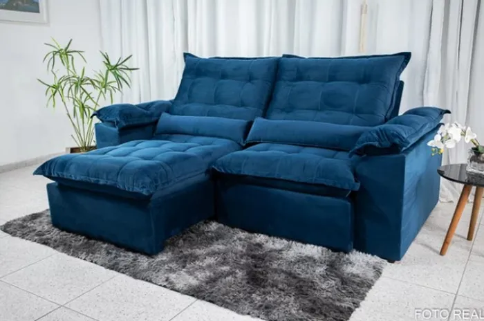 Sofá Retrátil Reclinável 2.30m Emanuelly Azul Até 12x - Frete Grátis 