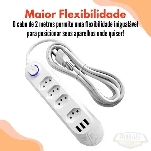 Extensão de Tomada Filtro De Linha Com 4 Tomadas E 3 Entradas Usb 2m - Bivolt