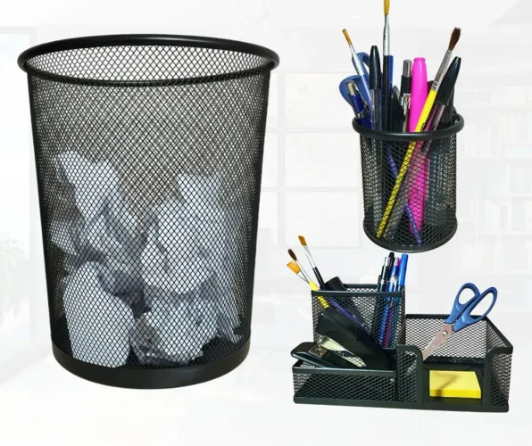 Kit Escritório: Lixeira 12L, Porta Canetas e Porta trecos  em Metal telado 