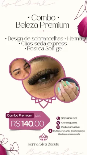COMBO EXTENSÃO DE CÍLIOS, DESIGN DE SOBRANCELHAS + HENNA, POSTIÇA SOFT GEL ENCAPSULADO
