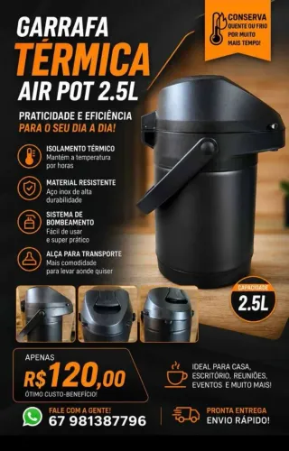 Garrafa térmica preto fosco 2,5 litros