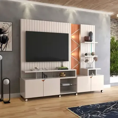 Móvel Sala Home Lukaliam Cross 4 Portas Com Rodízio Off White Perolizado/jequitiba