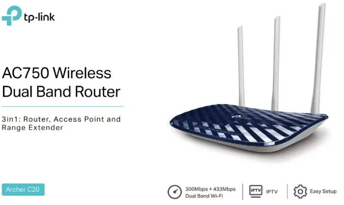 Roteador Wireless TP Link Gigabit ARCHER C20 AC750 Dual Band, 4 Portas LAN, 1 Porta WAN, 3