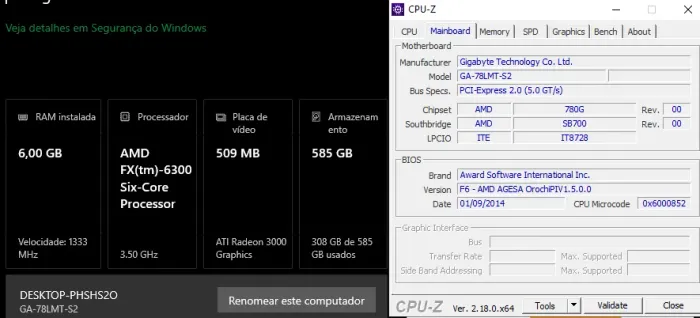 FX6300 + Placa Mãe Gigabyte + 8gb de ram + Air Cooler RGB Azul
