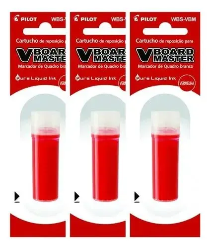 Kit com 3 tintas refis de pincel de quadro branco - VBOARD MASTER PILOT - COR VERMELHA