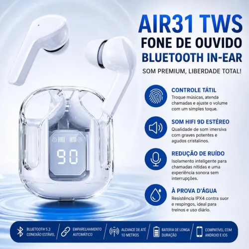 Air31 TWS Bluetooth 5.3 | Fone Sem Fio | Display LED | HiFi 9D