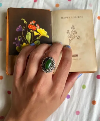 Anel vintage vitoriano prata 925 com pedra de jade