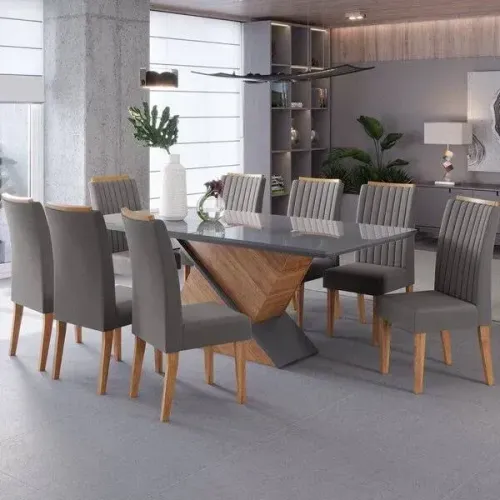 Mesa de Jantar com Tampo de Vidro e 8 Cadeiras Modernas Cinza