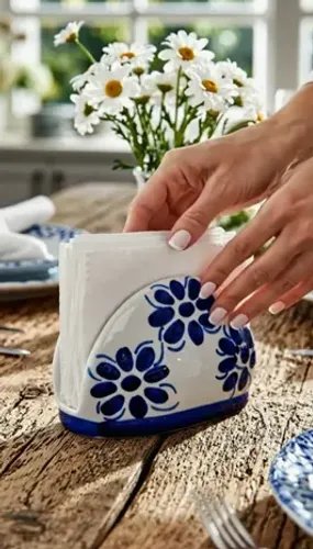 Porta Guardanapo de Mesa em Porcelana Azul Colonial | Elegante