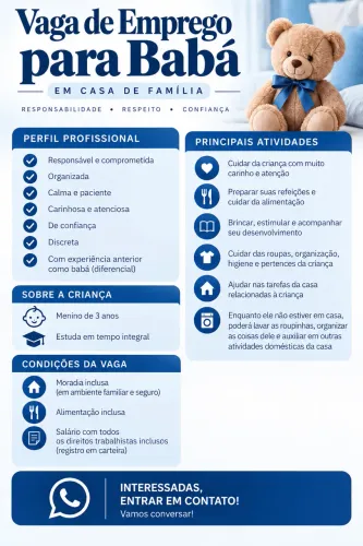 VAGA DE BABÁ COM MORADIA