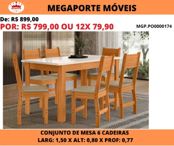 Conjunto de Mesa 0,77x1,50 com 6 Cadeiras