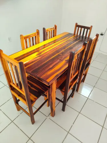 MESA COM 6 CADEIRAS FIXA ENVERNIZADA 1.50X70CM MADEIRA PAU BRANCO ÓTIMO PARA SUA COZINHA