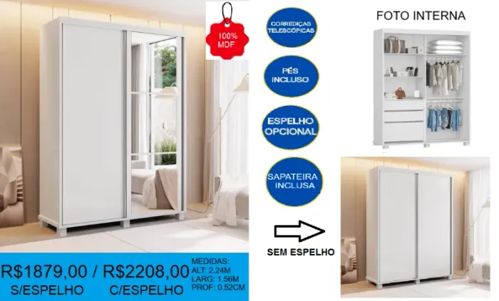 Guarda roupa duas portas de correr solteiro - compre hoje e receba em até 72h