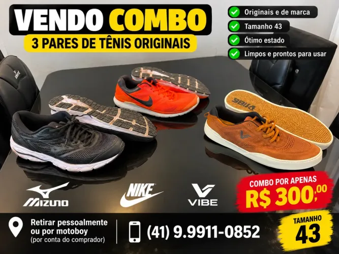 Combo 3 Pares de Tênis Originais - Nike, Mizuno e Vibe - Nº 43