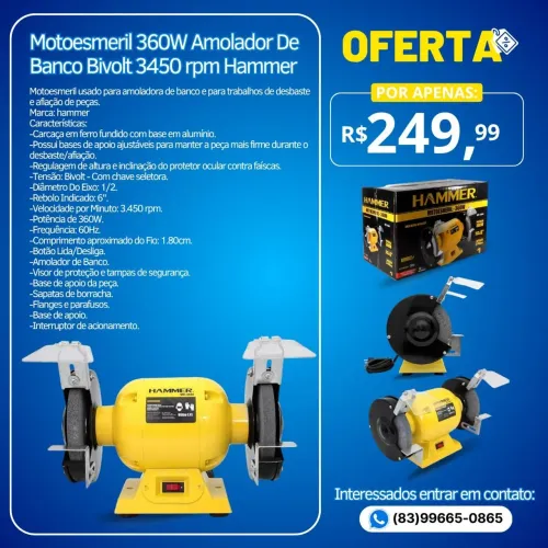 Motoesmeril 360W Amolador De Banco Bivolt 3450 rpm Hammer