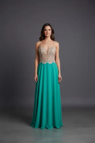 Vestido Longo Verde-Tiffany Bordado