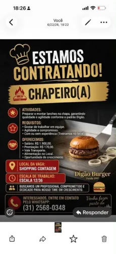 Vaga para Chapeiro(a) - Digão Burger (Shopping Contagem)