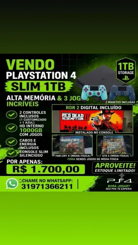 PLAYSTATION 4 SLIM 1TB - KIT COMPLETO COM 2 CONTROLES E 3 JOGOS INCRÍVEIS!